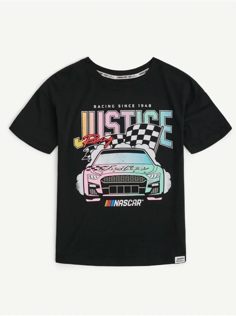 Justice Black NASCAR Graphic Tee with Pastel Pink Mint Yellow Blue
